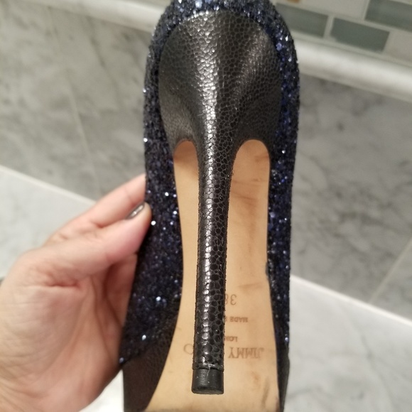 Jimmy Choo Navy Glitter Peep Toe Heels, Platform - Picture 3 of 5